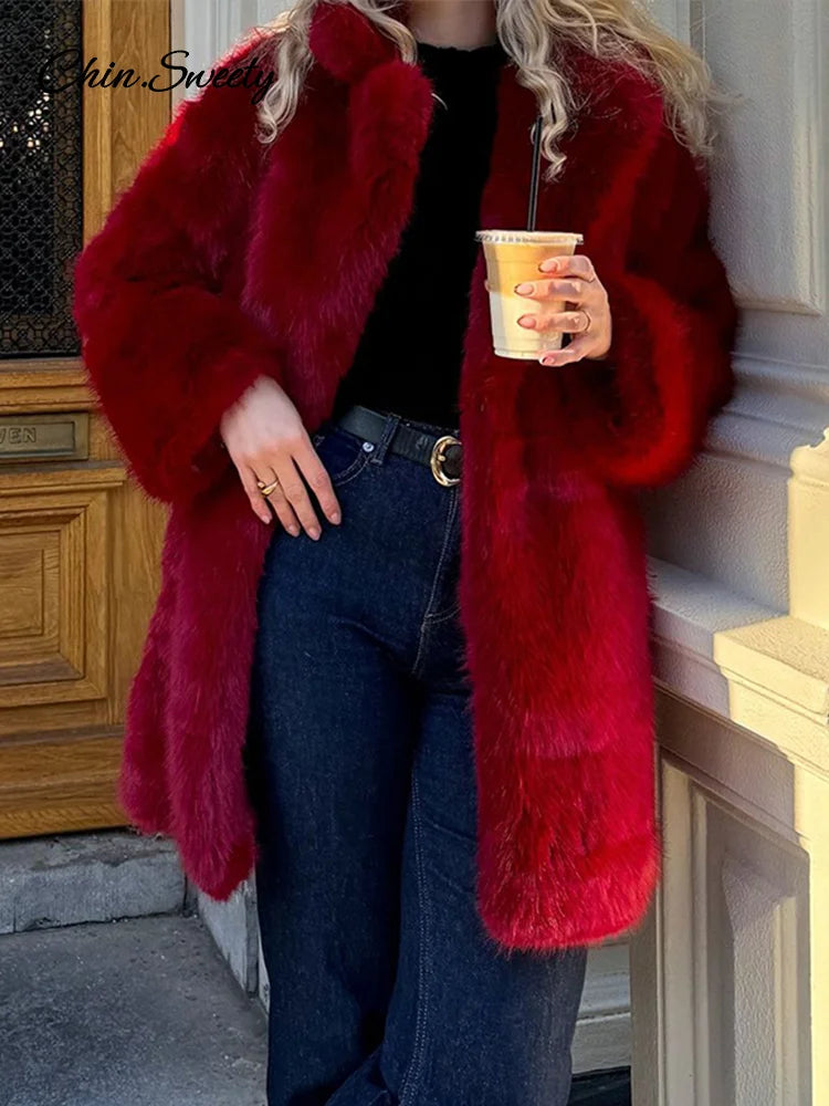 ’s Red Faux Fur Long Overcoat Fleece Thick Warm Full Sleeve Lapel Cardigan Coat Winter Loose Outerwear