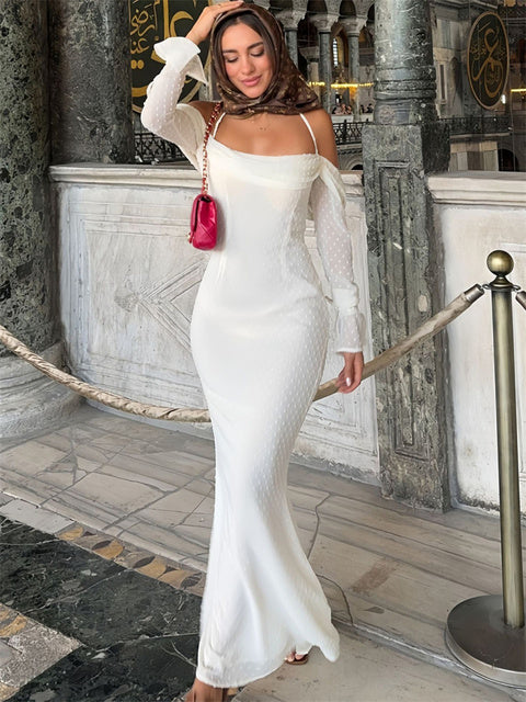 Mesh Backless Long Dress Female Lace-up High Waist Off-shoulder Slim Autumn Party Dress ’s