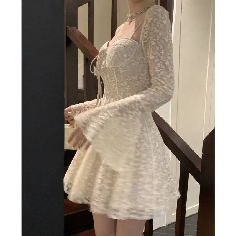 Lace Mini Dresses for Flare Sleeve Square Collar Corset Slim A-line Wedding Birthday Party Dress Y2k Prom Vestidos