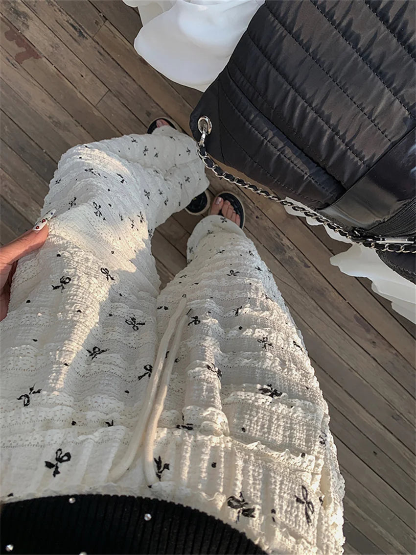 Printed Lace Pants Summer High Waist Loose Slim New Straight Office Lady Daily