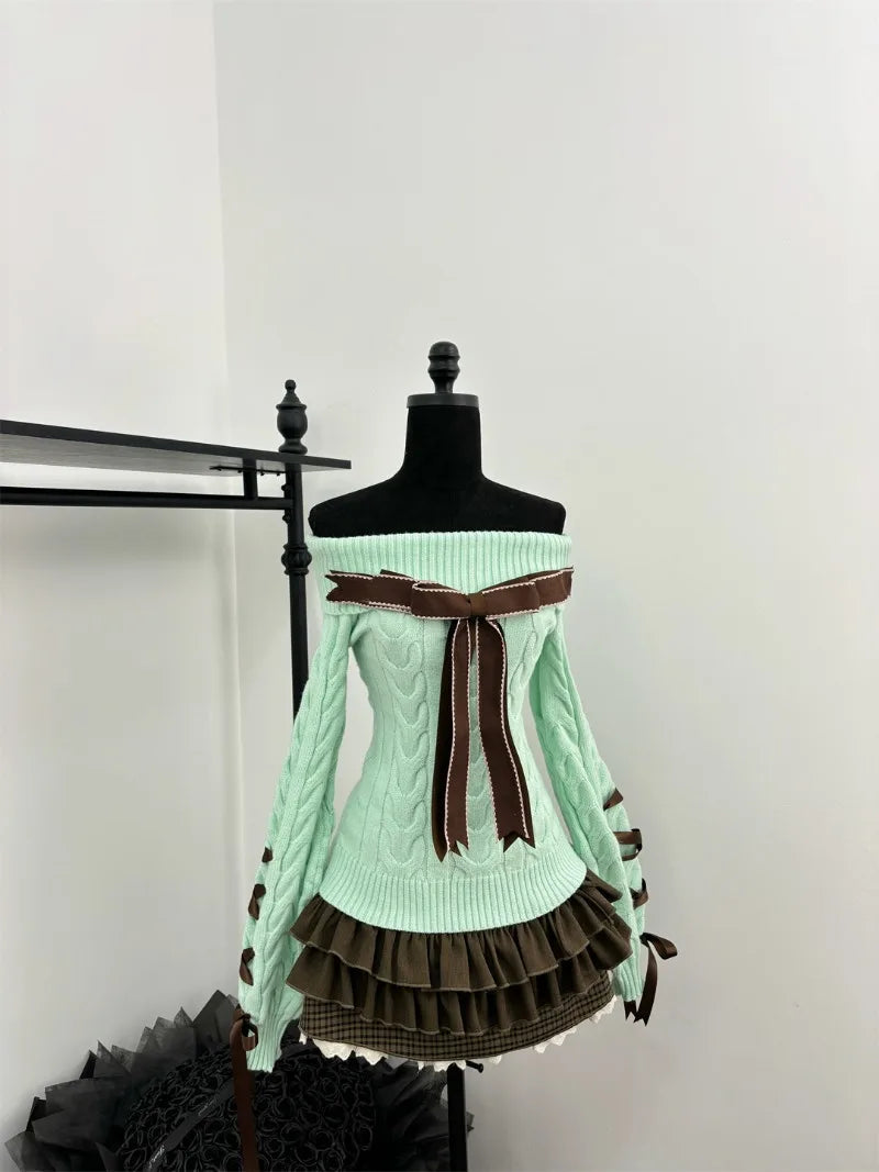 Sweet Hot Girl Retro Suit Autumn and Winter Bow Off Shoulder Sweater Plaid Aline Skirt Twopiece Set Female Clothes
