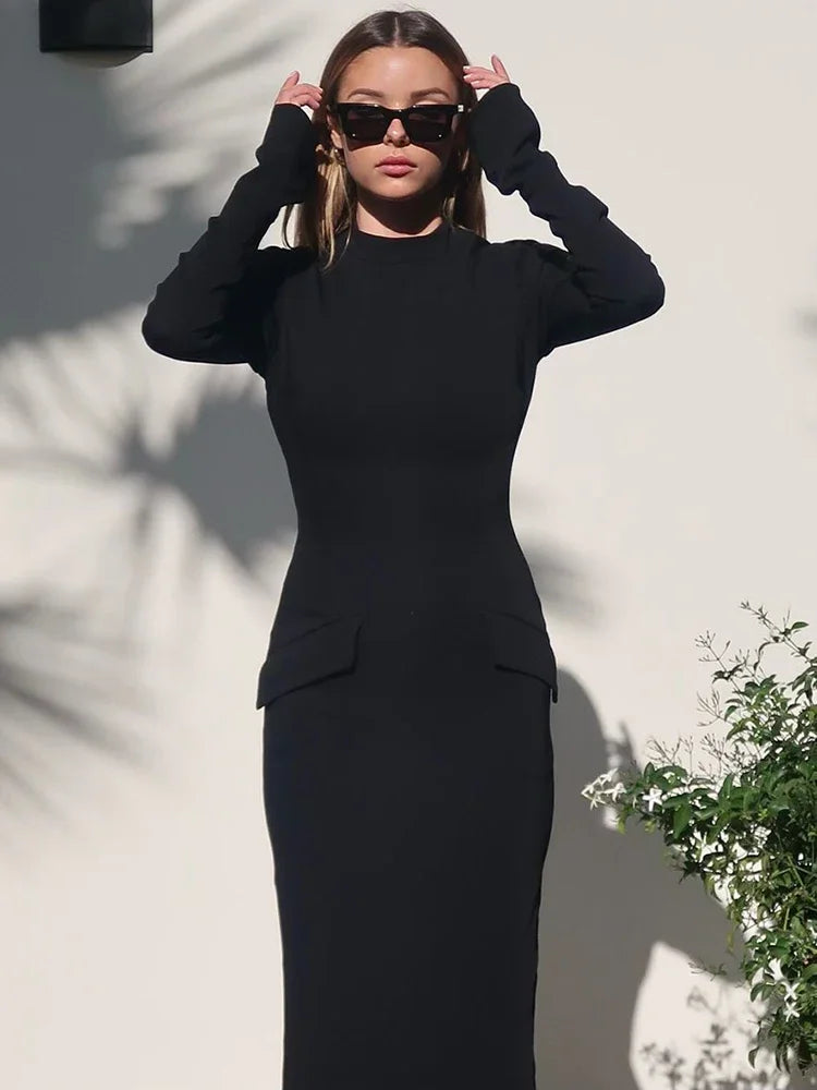 Half Turtleneck Long Sleeves Maxi Dress Office Lady Clothing Back Slit Gown Dress Female Autumn