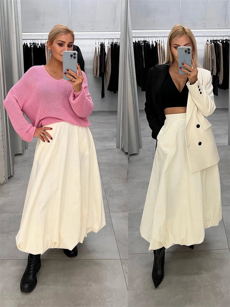Silk Satin White Maxi Skirt Long Ruffled Pleated Skirts Lantern Pants Aline Silk Long Skirts for New