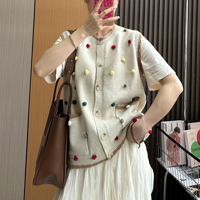 Autumn New Sweater Vest Chaleco Mujer Japanese Loose Cardigan Waistcoat Sweet Wave Point Knitwear Top