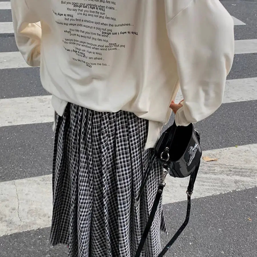 Large Plaid Skirts for Woman Autumn New Design Pleated Skirt Korean Faldas Long Elastic Waist Skirts