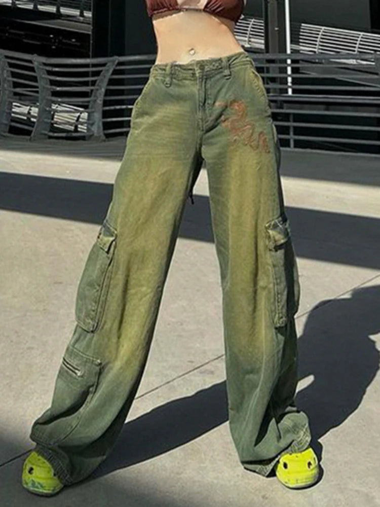 Grunge Fairycore Cargo Pants Denim Y2k Aesthetic Dragon Embroidery Jeans Baggy Distressed Trousers