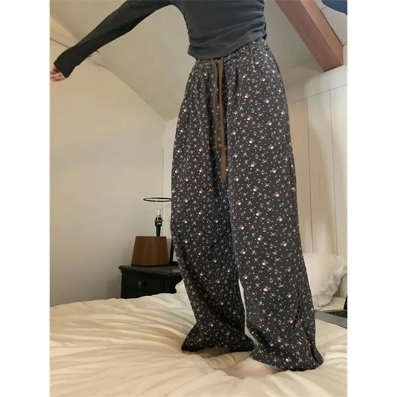Sweatpants Woman Korean Baggy Thick Flower Print Wide Leg Pants Harajuku High Waist Autumn Warm Trousers