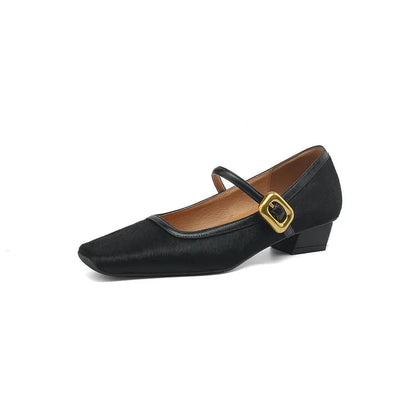 New Spring/autumn Pumps Square Toe Chunky Heel Shoes Horsehair Leopard Shoes for Concise High Heel Buckle Mary Janes