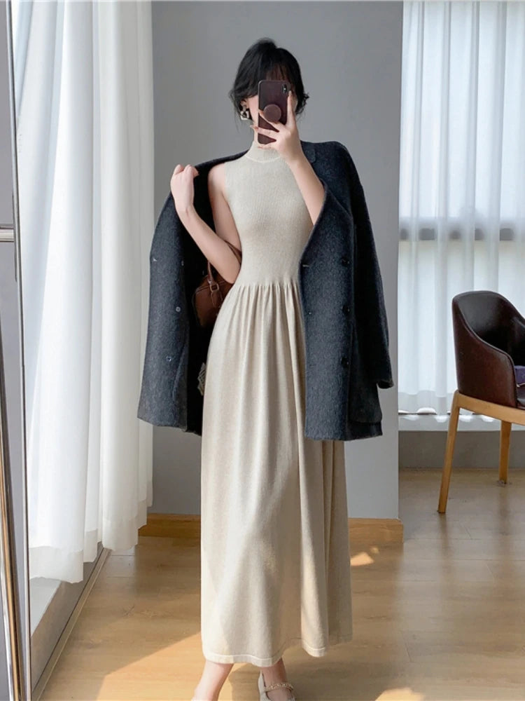 Spring Summer New Sleeveless Knitted Midi Dress Slim Robe