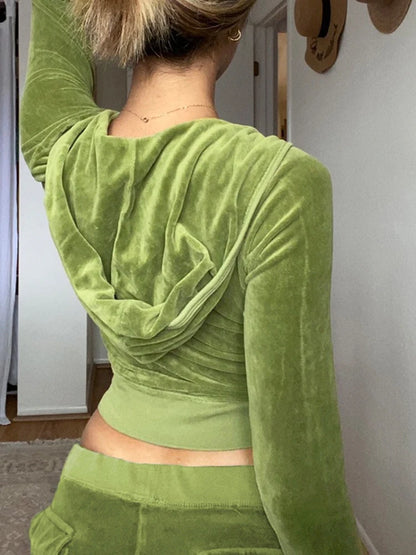 Velvet Crop Top Winter Jacket Green Pink Zip Up Hoodies Coats Skinny Overcoat