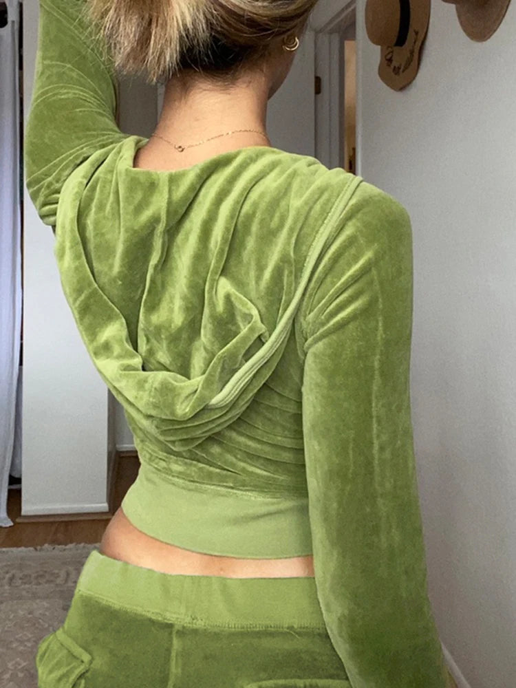 Velvet Crop Top Winter Jacket Green Pink Zip Up Hoodies Coats Skinny Overcoat
