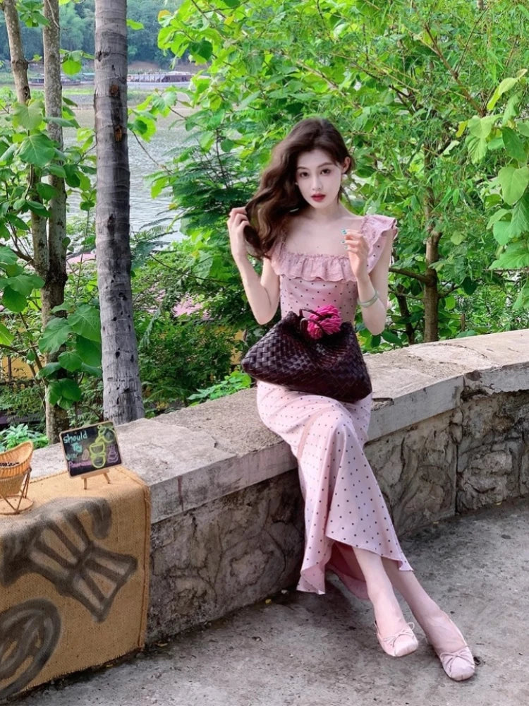 French Satin Midi Dress Female Lace Sleeveless Ruffles Dress One Piece Dress Korean Evening Party