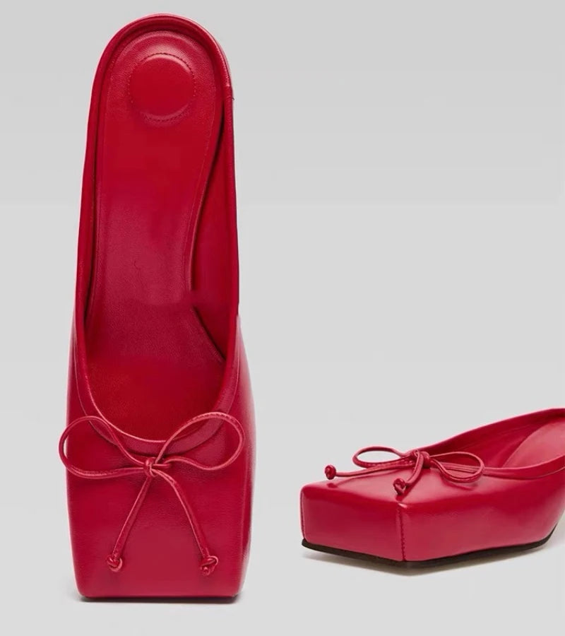 Brand Designer Mule Pumps Slippers Bow Square Toe Party Dress Shoes Red High Heels Sandals