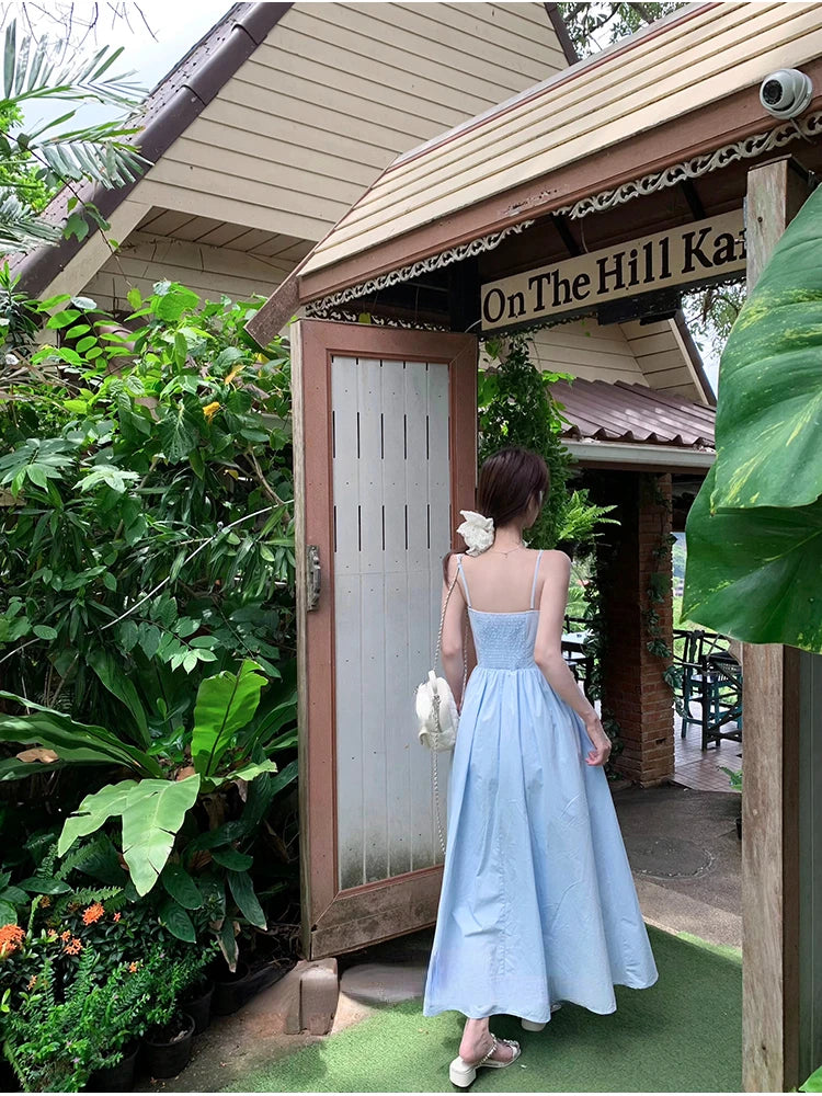 Japanese Midi Dress Sweet Strap Blue Bow Strapless Dress Beach Style One Piece Dress Korean Summer