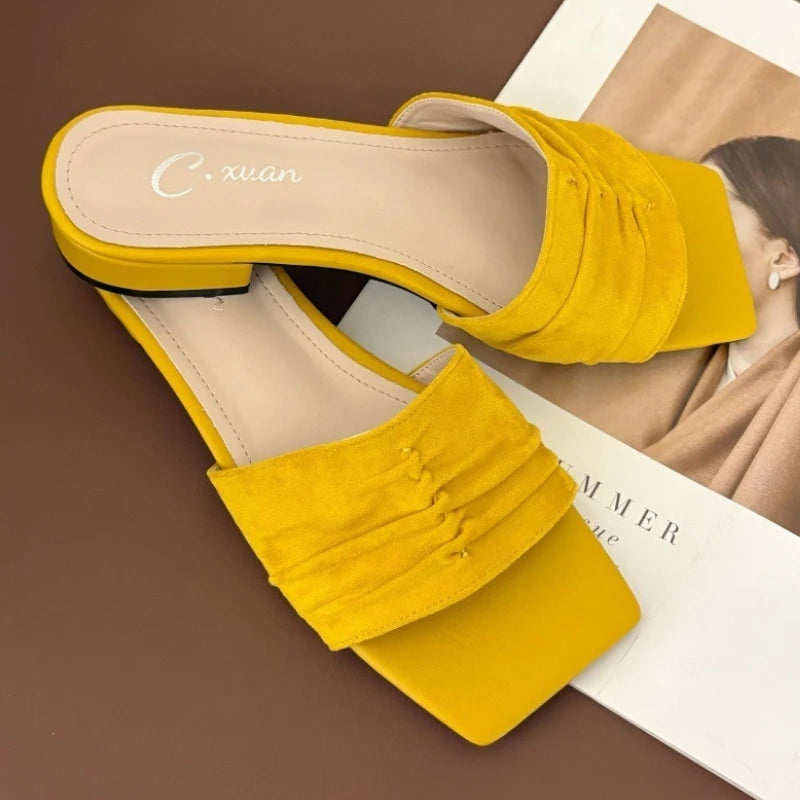 Square Toe Slippers Low Heel Slides Female Comfort Nonslip Summer New Sandals Flats Beach Shoes