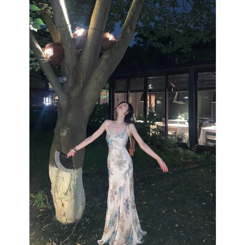 French Style Highend Dress for New Summer Unique Evening Party Dresses Printed Chiffon Suspender Long Dress.