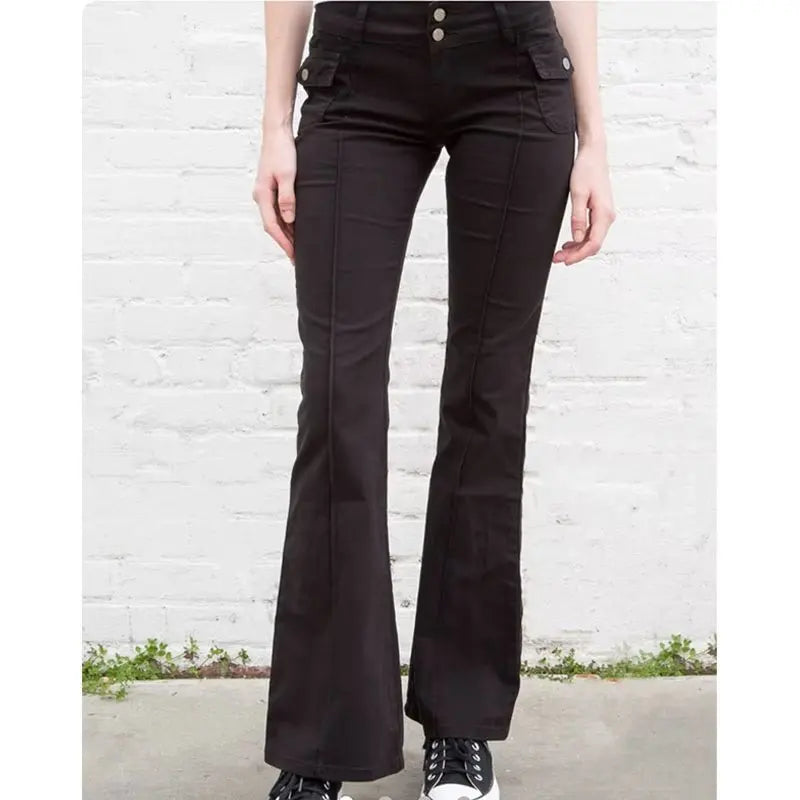 Black Flared Pants Summer Low Waist Pockets Ornamnet Color Pants Female Bottoms