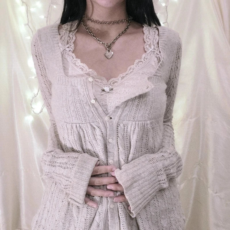Coquette Grunge Y2k 00s Sweater Single Breasted Long Sleeve Cardigan 00s Aesthetic Kawaii Knitwear T-shirt Clothes