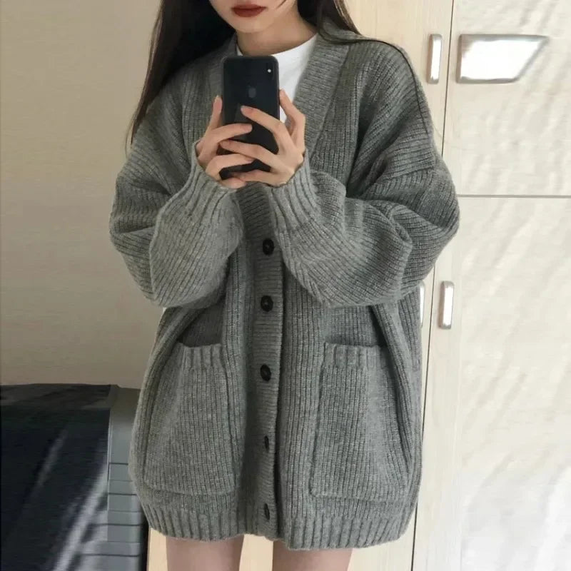 Sweater Cardigans Coats Autumn Winter Female Long Sleeve V-neck Loose Knitted Jackets Cardigan Sweaters