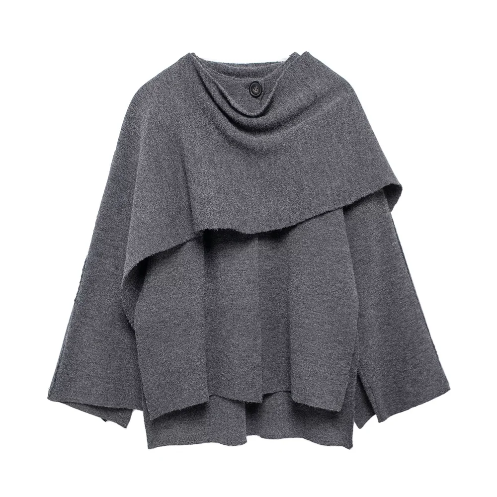 Winter New ’s Clothing Slim Fit Simple Lazy Style Scarf Cape Style Round Neck Long Sleeve Short Knitted Coat Coat