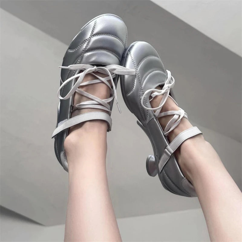 Special Heel Design Laceup Ballet Shoes Nonslip Buckle Strap Shoes Handmade Round Toe Sapatos Femimino