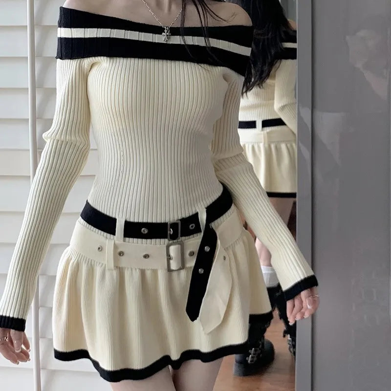 Y2k Slim Knitted Mini Dresses Off Shoulder Korean Short Party Dress With Belt Autumn New Clothing