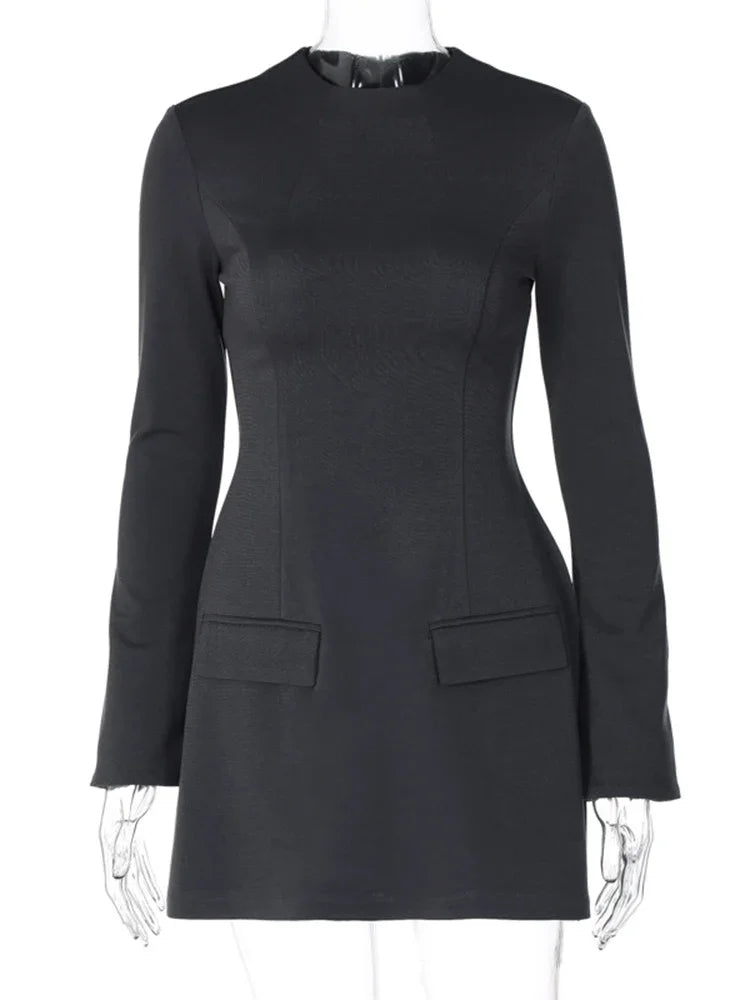 Long Sleeve Slim Mini Dress for A-line High Waist Two Pockets Autumn Winter New Party Dress Female