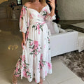 Half Sleeve Swing Beach Long Dress Female Draped Loose Party Dress Print Off Shoulder Pleat Dress