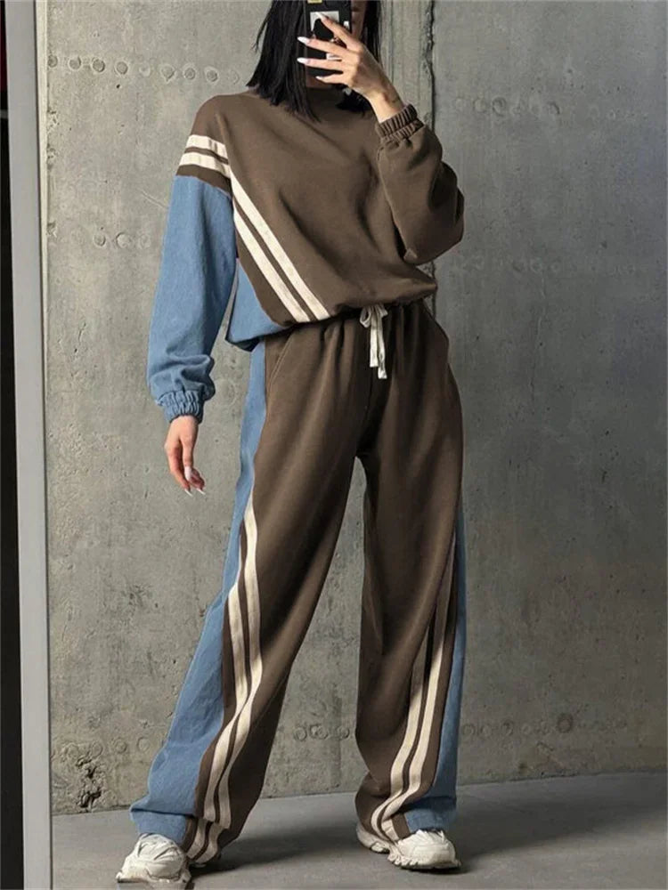 2 Piece-set Drawstring Trousers Contrast Lace-up Autumn Pullover and High Waist Pants Outfits Tracksuit