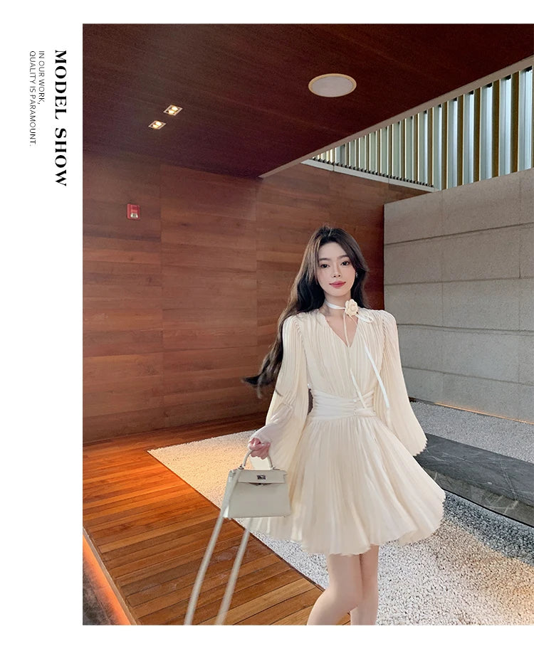 Vneck Flare Sleeve Aline Mini Dress Pleated Chiffon Temperament Birthday Prom Femme Vestido Mujer New Autumn