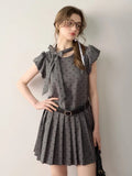Kawaii Grey Dot Pleat Mini Dress for Bow Lace Up Puff Sleeve Birthday Dress Girl Summer Dress