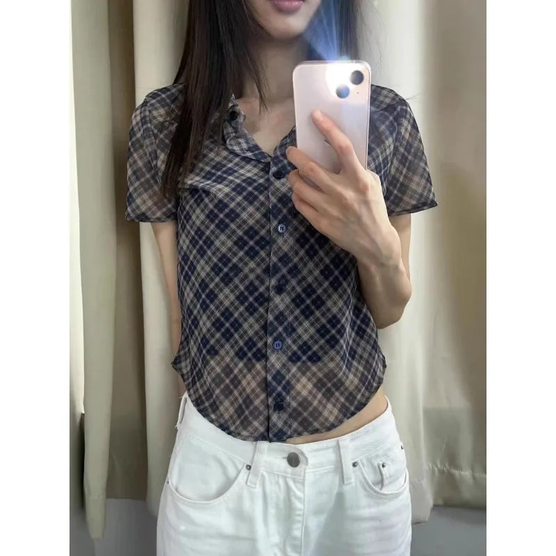 Korean Contrast Color Plaid Shortsleeved Shirt Summer New Polo Collar Multibutton Seethrough Crop Tops
