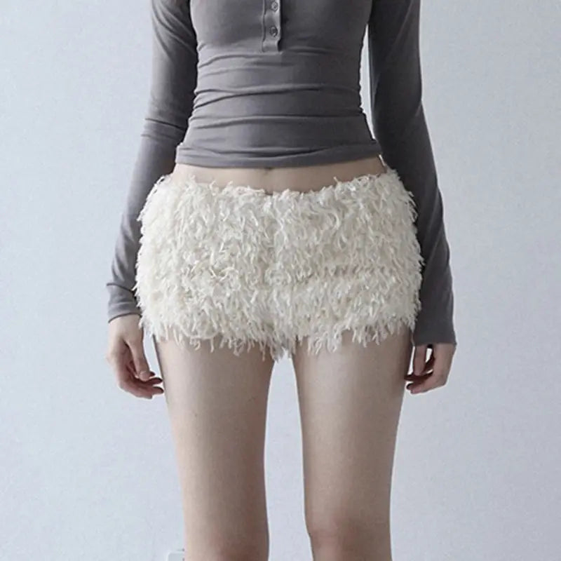 White Sweet Knitted Furry Super Mini Shorts for Winter Warm Low Waist Hot Pants Wrap Hip Slimming Leggings