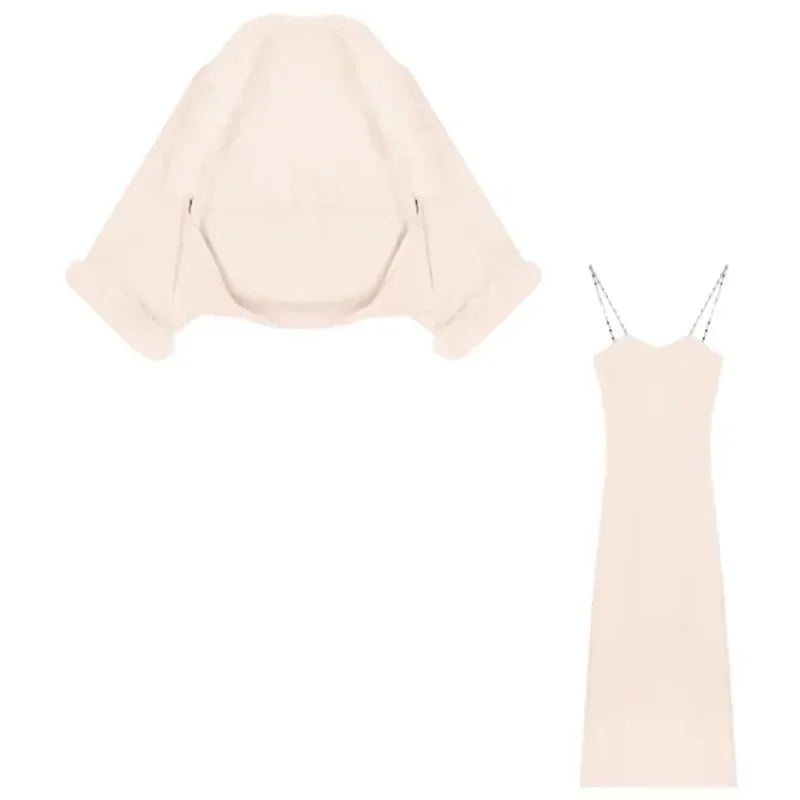 Autumn New High Street Color Threaded Chain Knit Dress + Loose Plush Spliced Cardigan Twopiece Suit