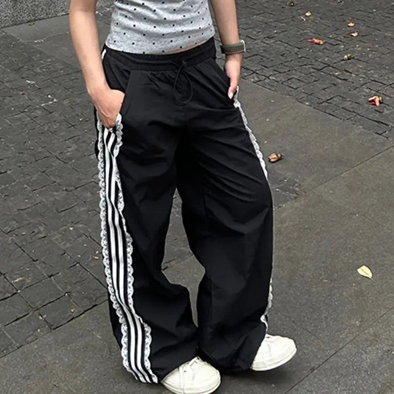 Coquette Sweatpants Summer Y2k Lace Stripe Patchwork Elastic Waist Sports Pants Trousers