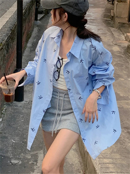 Printed Blue Shirts Autumn Daily Mujer New Loose High Street Full Sleeve Office Lady Coats