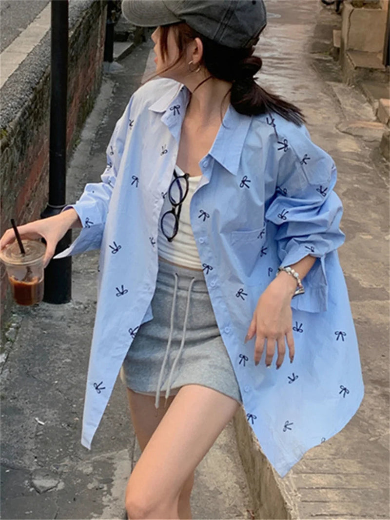 Printed Blue Shirts Autumn Daily Mujer New Loose High Street Full Sleeve Office Lady Coats