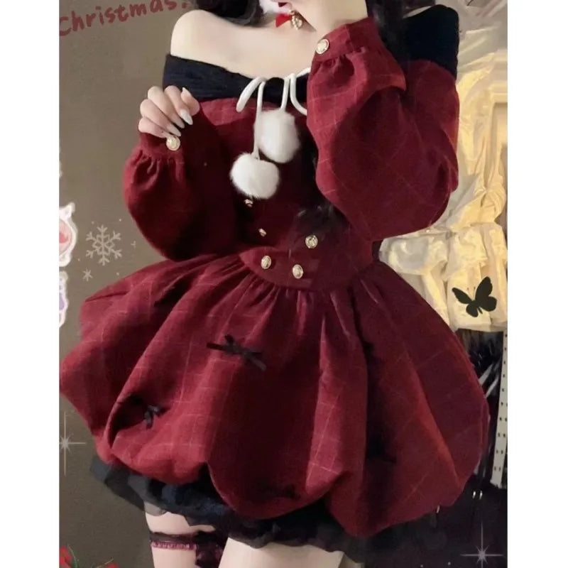 Y2k Christmas Red Party Dress Sweet Plaid Bow Dresses Female Korean Kawaii Mini Dress