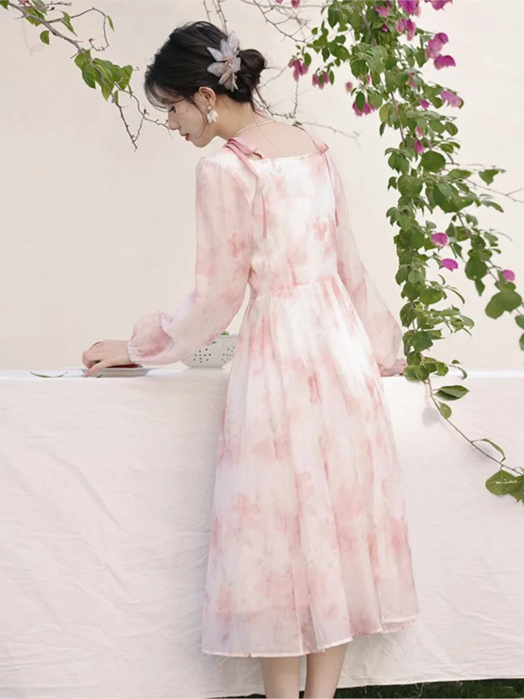 Party Long Dresses Spring Fairycore Dress Pink Bow Laceup French Style Square Neck Fairy Dresses Female Cloting New