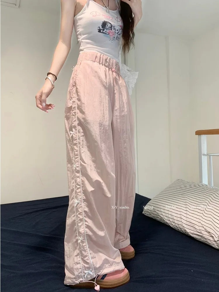Pink Sweet Y2k Parachute Pants Korean Style Coquette Baggy Joggers Bow Harajuku Kawaii Wide Trousers