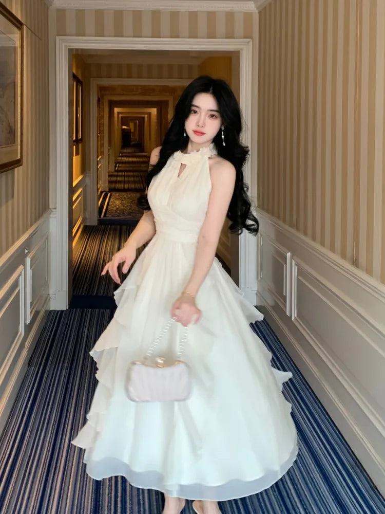 New Strapless Sleeveless White Chiffon Long Dress French Retro Fairy Tale Princess Dress Ruffled Fluffy Dress
