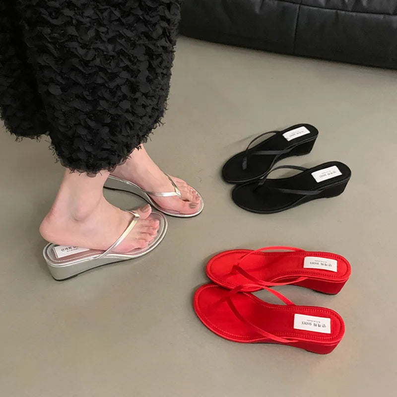 Summer New Slipper Narrow Band Slip on Flip on Shoes Low Wedge Heel Outdoor Dress Slides New Woman