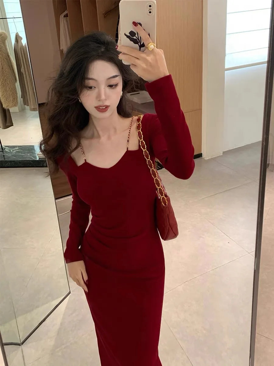 Bodycon Slim Midi Dress French Chain Spaghetti Strap Wedding Party Birthday Evening Prom Robe Sheath Clothing