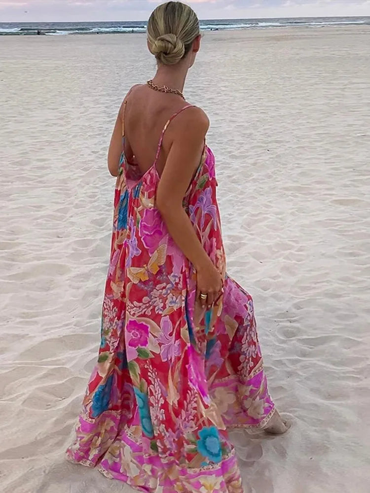 Loose Printed V-neck Sling Dresses Retro Printing Sleeveless Backless Long Dress Female Spring Street Beach Holiday