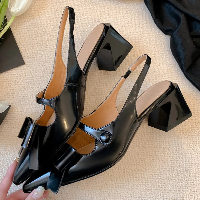 Genuine Leather Thick High Heel Pointed Toe Slipon Pumps Sweet Bowtie Korean Style Summer Heeled Sandals Shoes