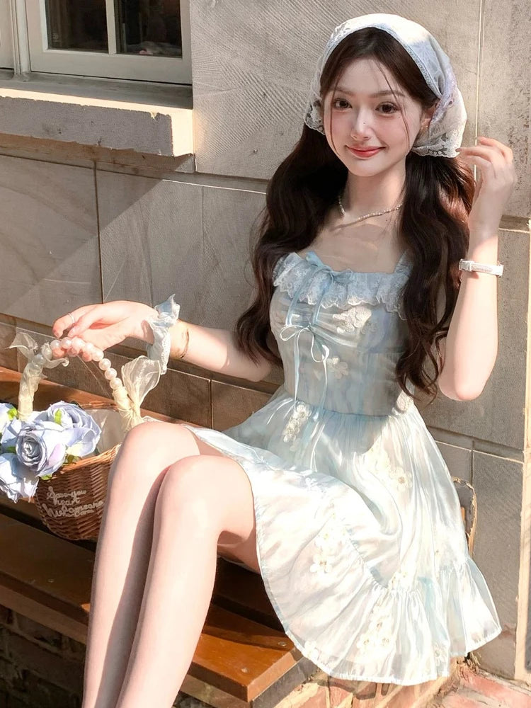 Beach Even Party Mini Dress Summer Sleeveless Kawaii Strap Dress Y2k Fairy Dress Japanese