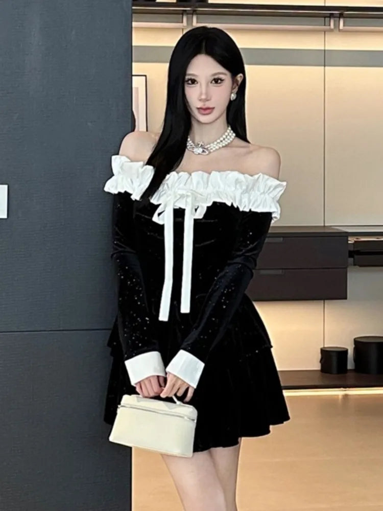 Velvet Dresses Off Shoulder Slash Neck Princess Birthday Party Mini Dress Spaghetti Strap Short Vestidos New
