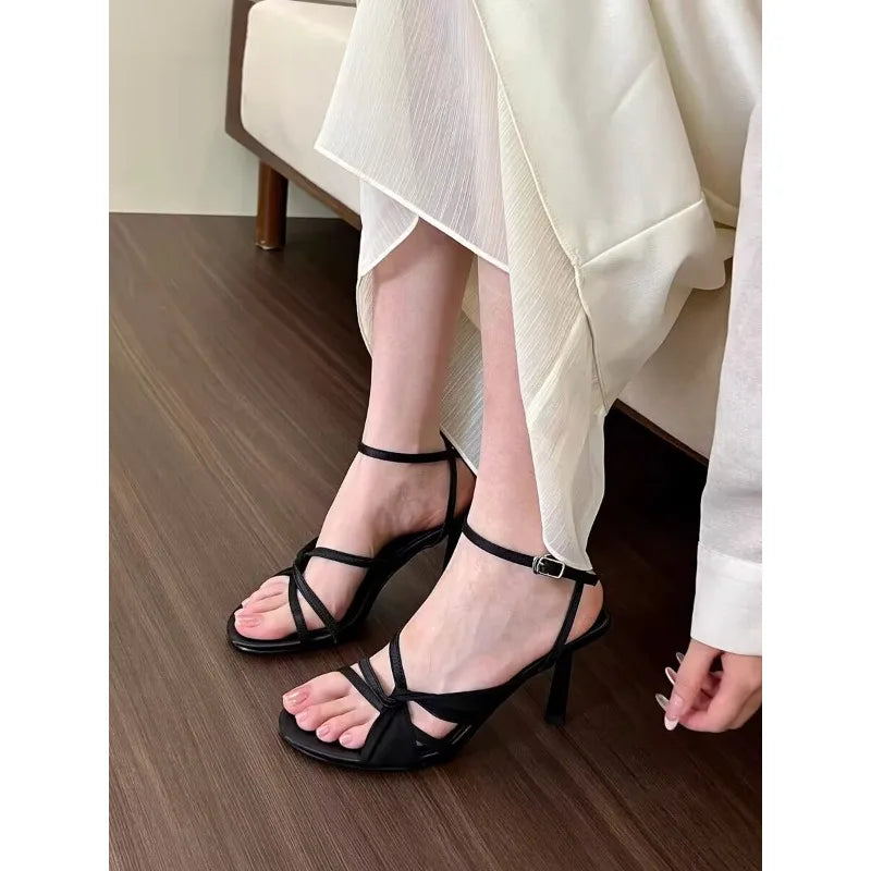 Apricot Thick Satin High Heels New Dress Singleline Buckle Stiletto Sandals French Opentoe Hollow Shoes