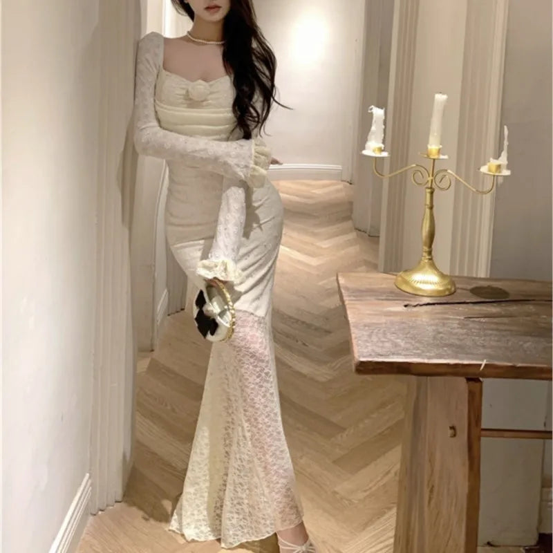 Autumn Lace Maxi Dresses for Off Shoulder Fishtail Bodycon Mermaid Birthday Evening Party Prom Robe Vestidos Mujer