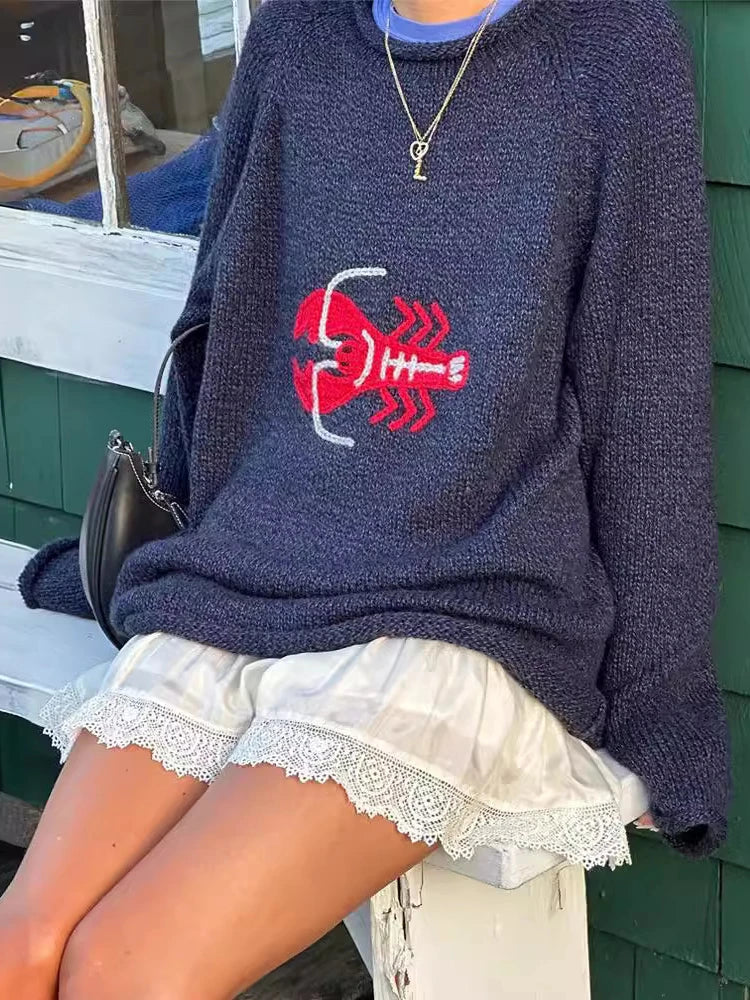 Y2k Goth Cartoon Sweater Long Sleeve Knitted Pullovers Oversized O-neck Warm Cotton .